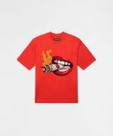 Burning Smoke Chenille Embroidered Short Sleeve Tee - Red