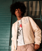 Crossed Faux PU Leather Bomber Jacket - Cream