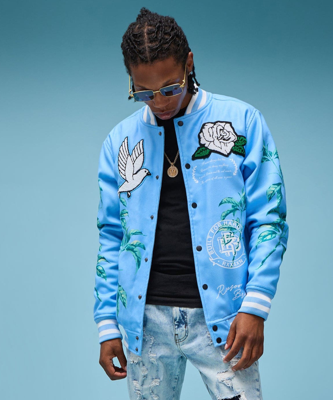 Dove Chenille Patched Embroidered Varsity Jacket - Light Blue
