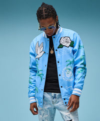 Dove Chenille Patched Embroidered Varsity Jacket - Light Blue