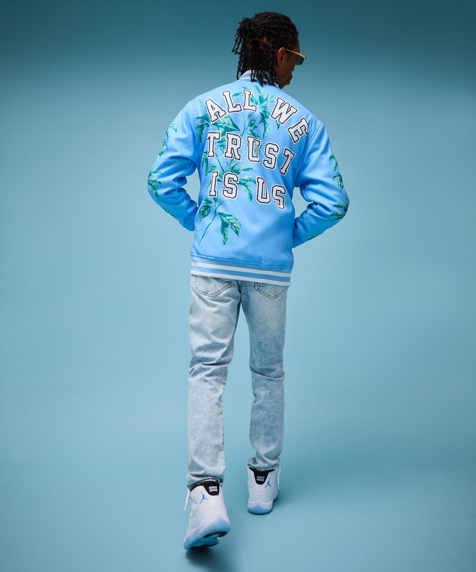 Dove Chenille Patched Embroidered Varsity Jacket - Light Blue