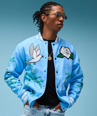 Dove Chenille Patched Embroidered Varsity Jacket - Light Blue
