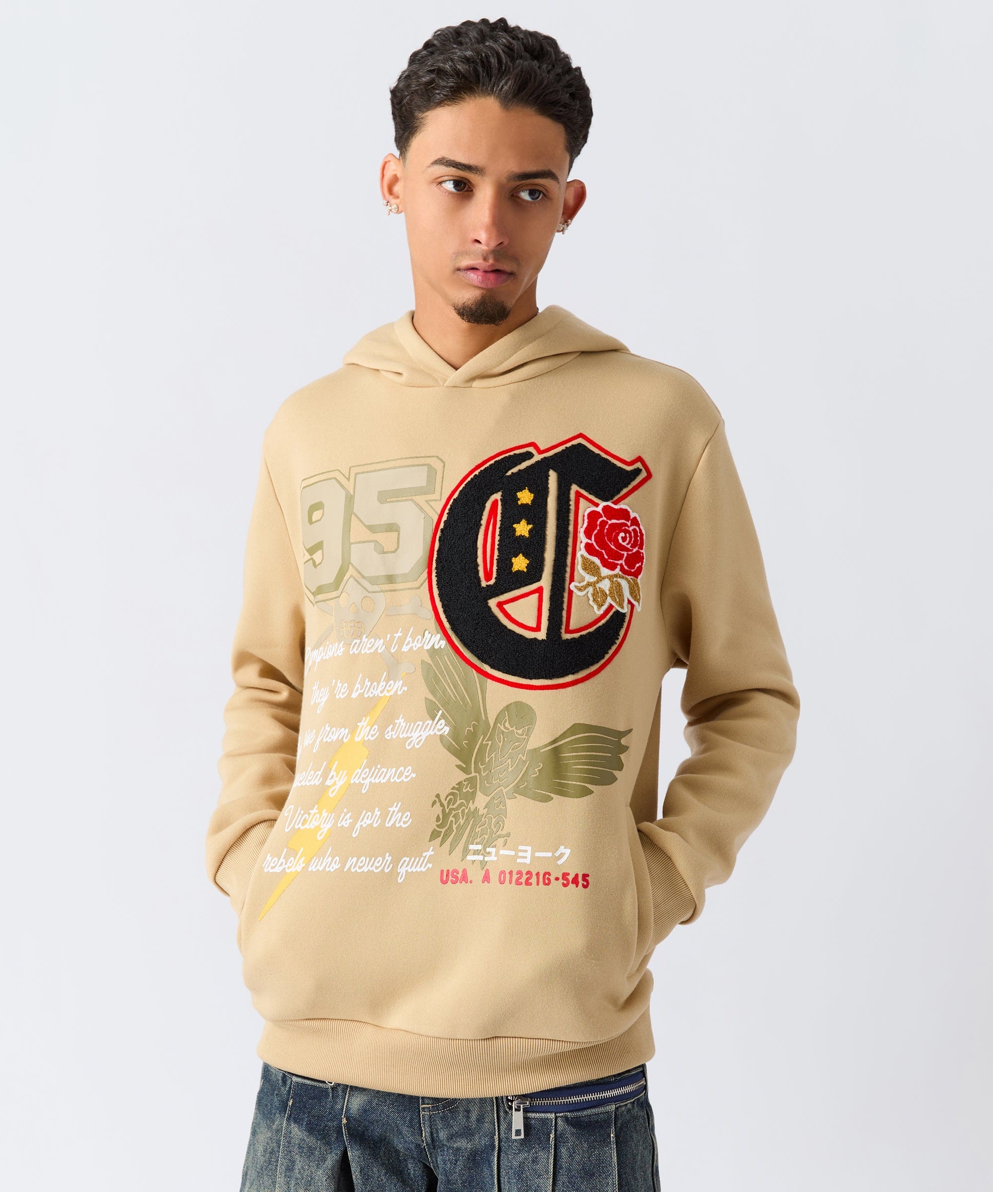 Champion Chenille Embroidered Long Sleeve Hoodie - Khaki