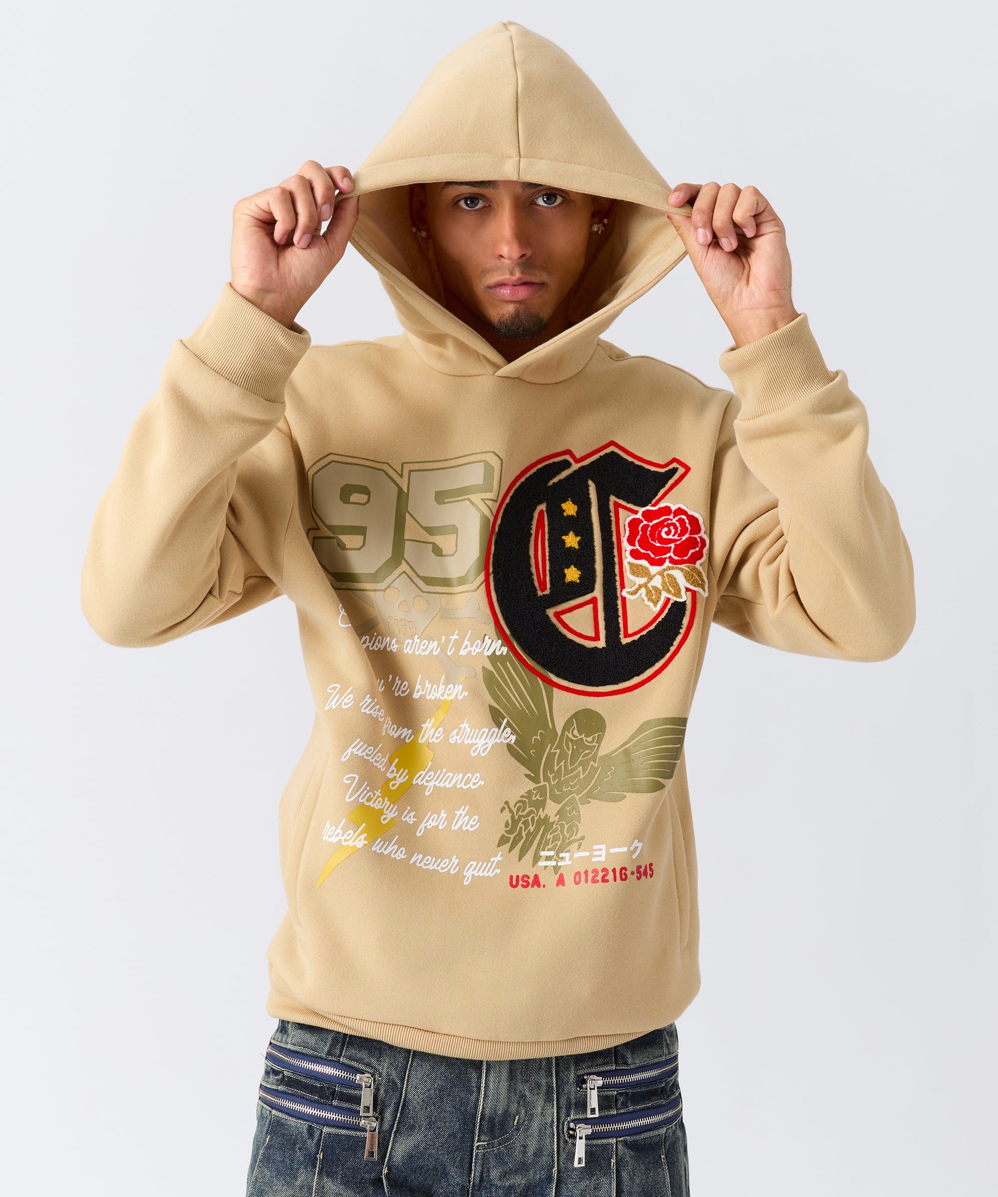 Champion Chenille Embroidered Long Sleeve Hoodie - Khaki