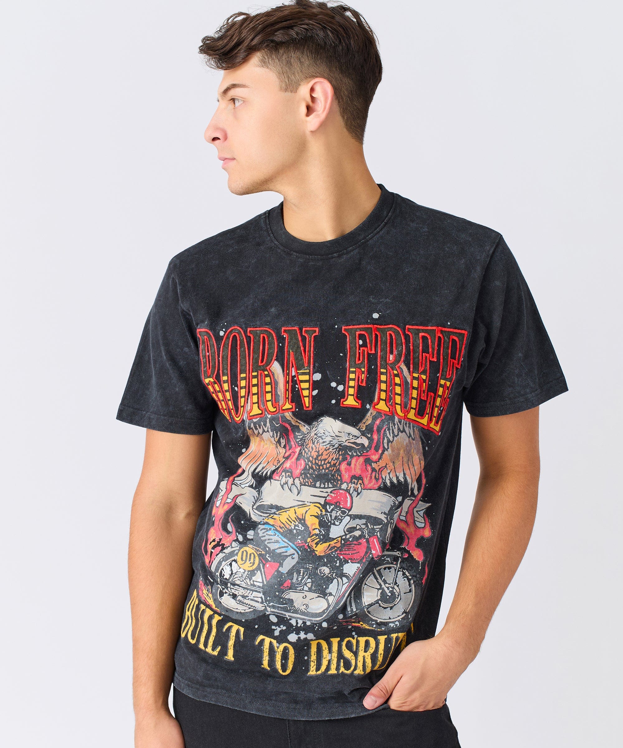 Born Free Applique Graphic Short Sleeve Tee - Charcoal