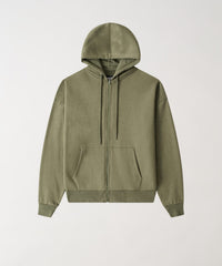 Essential Boxy Fit Zip Up Hoodie - Olive Green