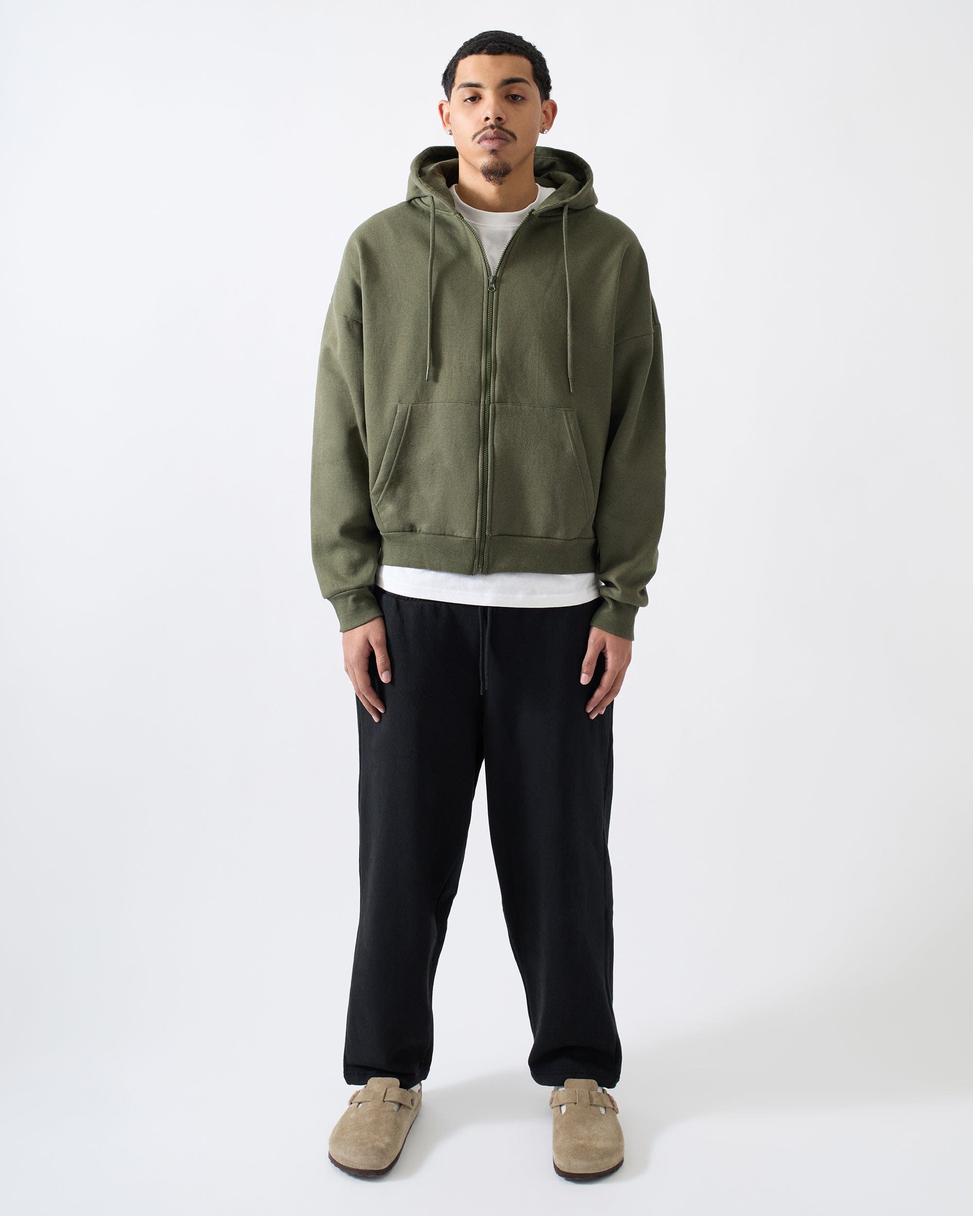Essential Boxy Fit Zip Up Hoodie - Olive Green