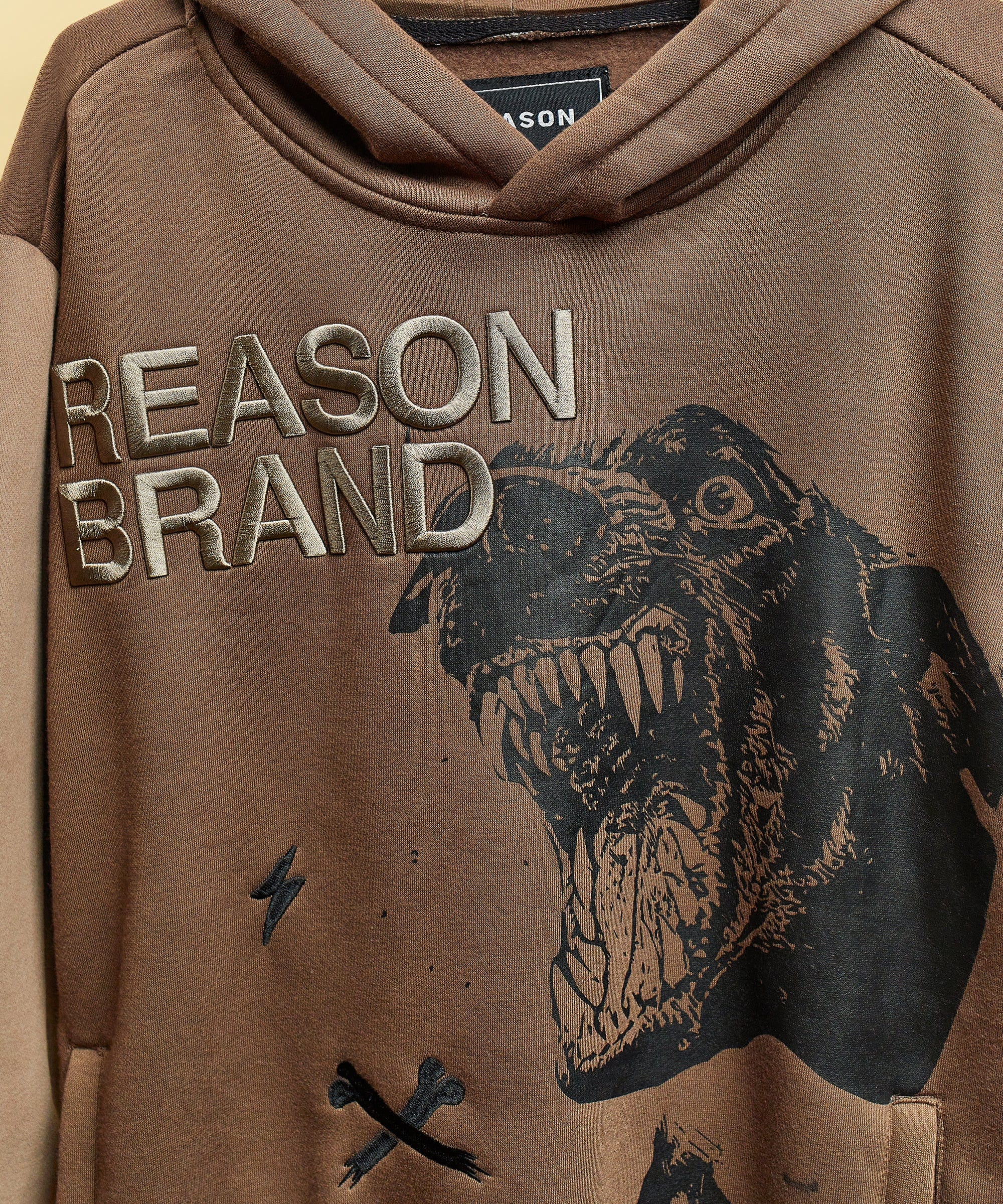 Doberman Embroidered Applique Long Sleeve Hoodie - Brown