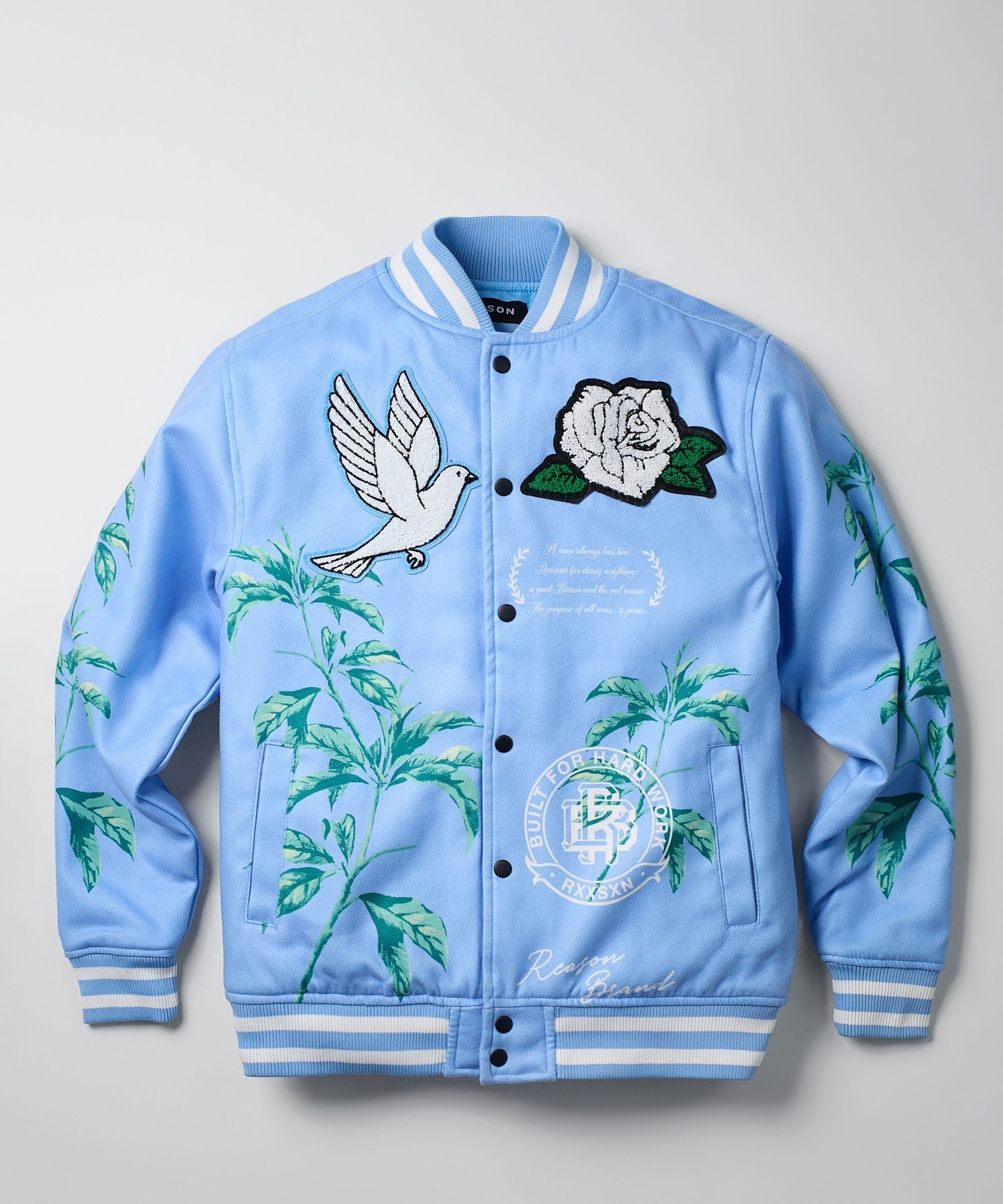 Dove Chenille Patched Embroidered Varsity Jacket - Light Blue