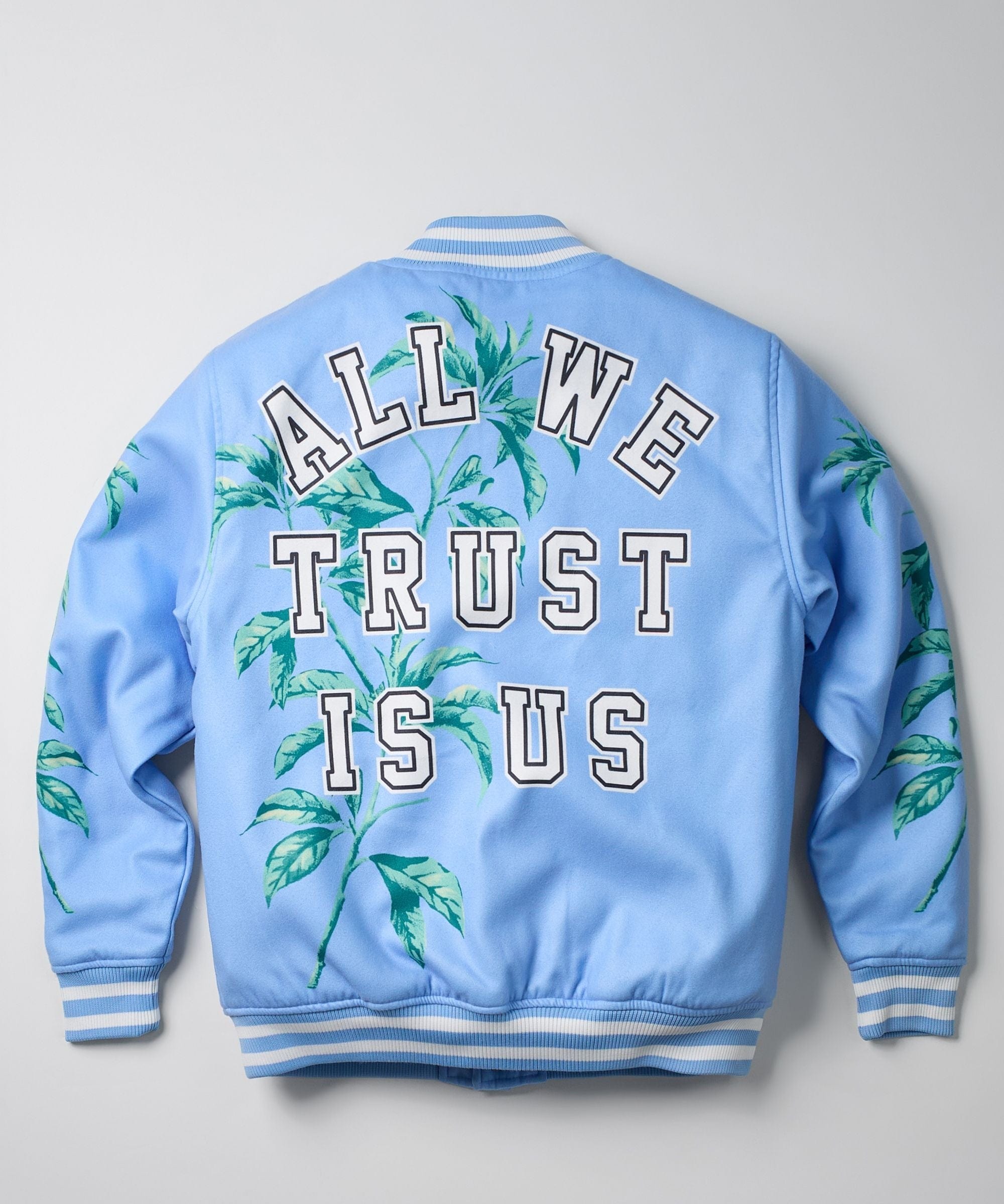 Dove Chenille Patched Embroidered Varsity Jacket - Light Blue