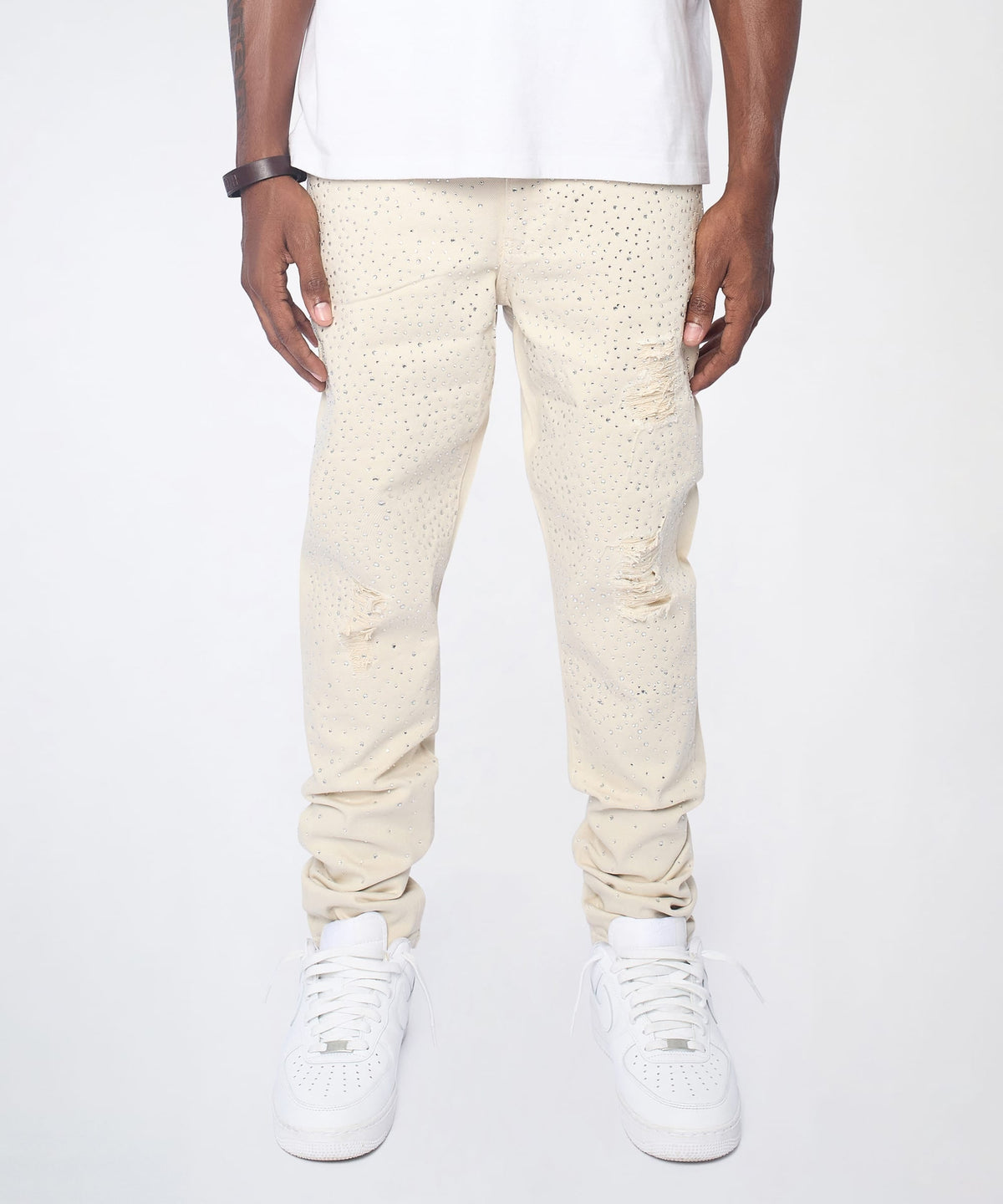 Diamond Dust Rhinestone Skinny Jeans - Cream