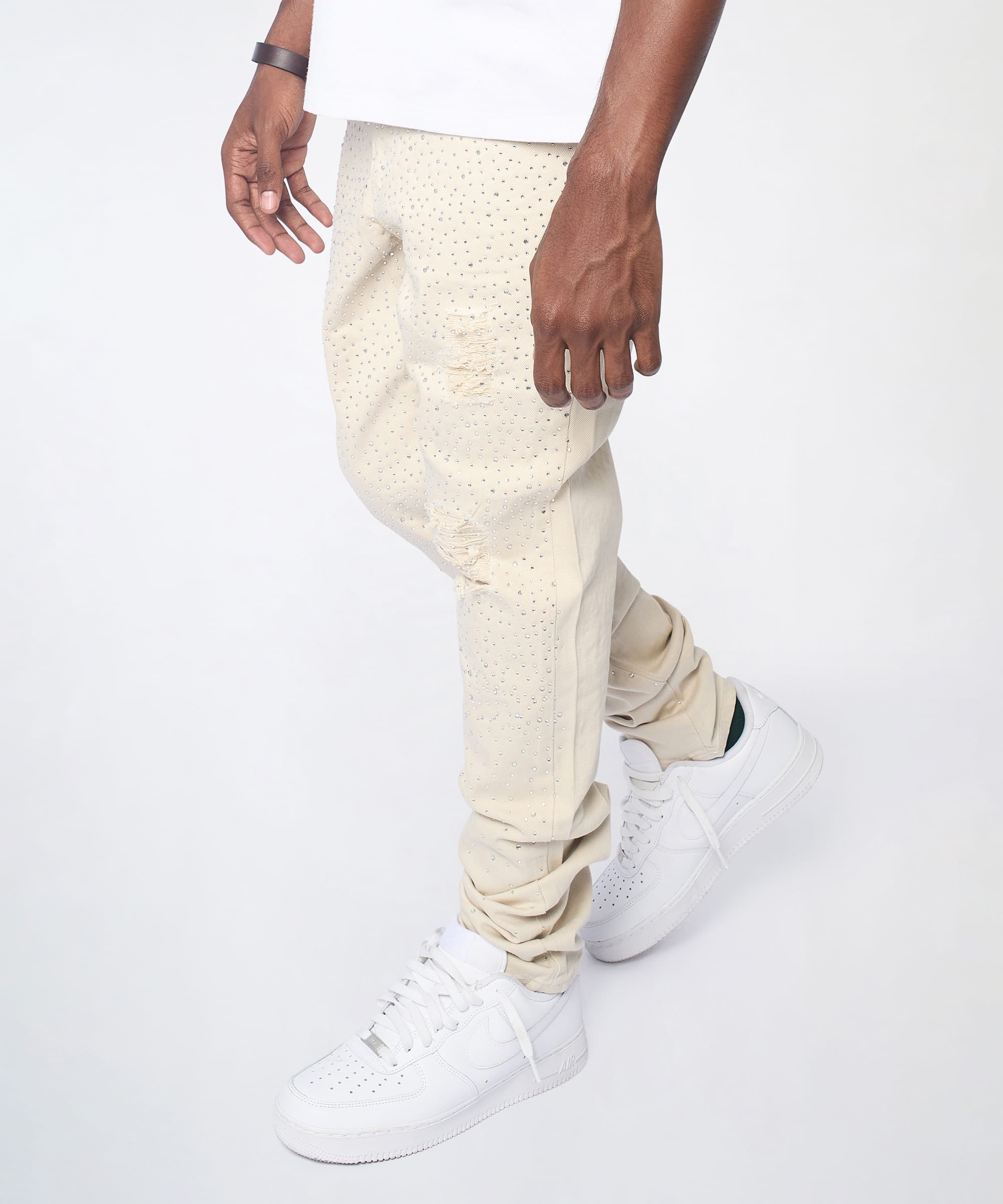 Diamond Dust Rhinestone Skinny Jeans - Cream