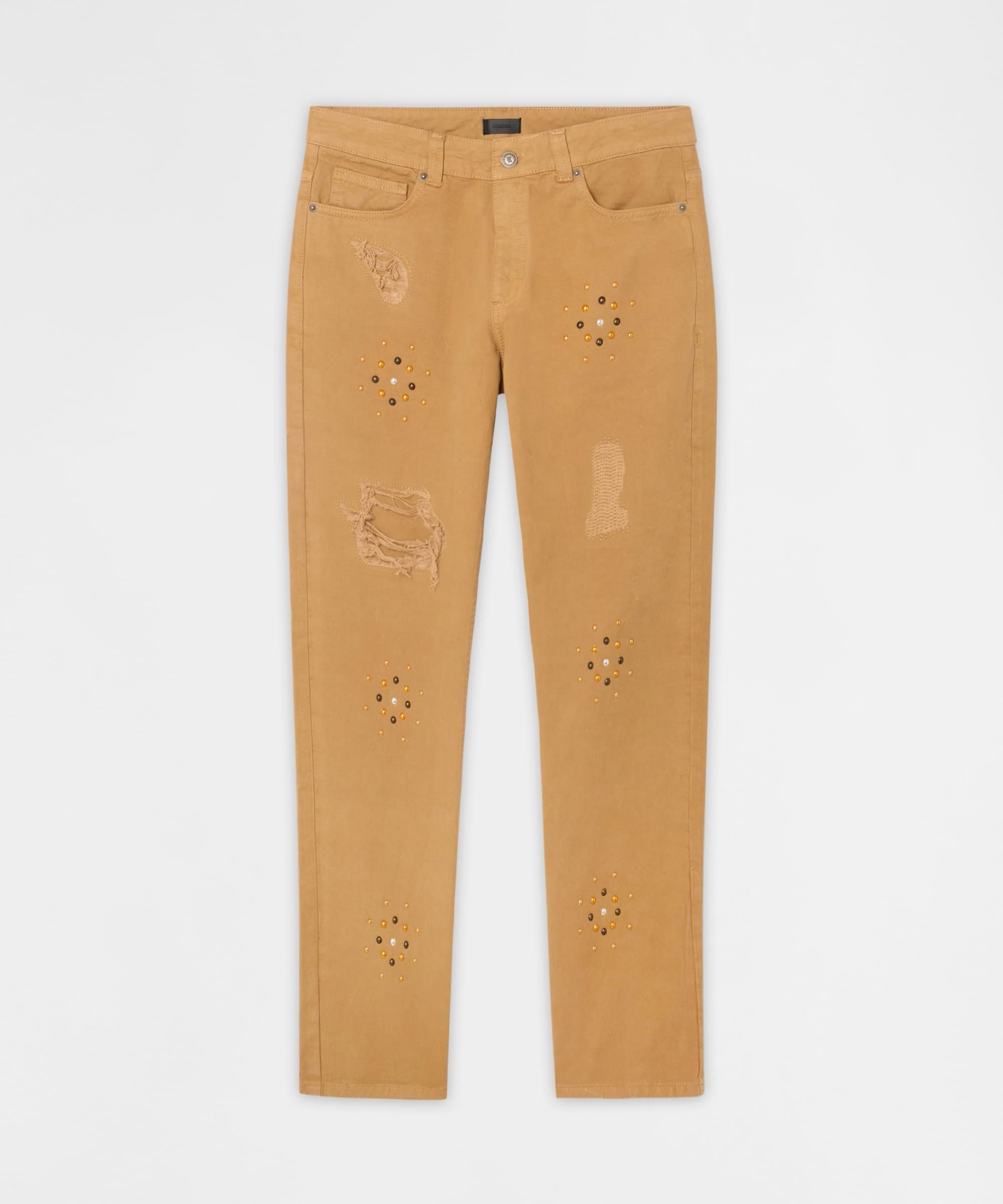 Constellation Studded Distressed Denim Jeans - Khaki