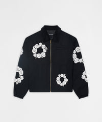 Floral Wreath Collared Workwear Jacket - Black