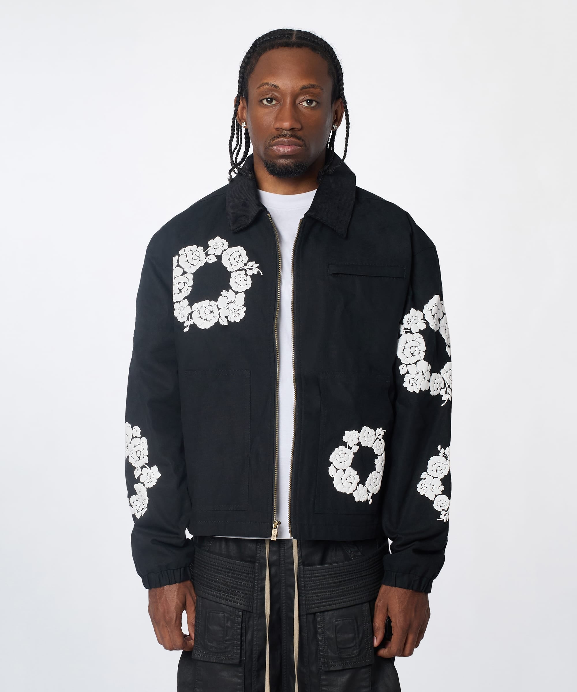 Floral Wreath Collared Workwear Jacket - Black