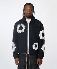 Floral Wreath Collared Workwear Jacket - Black