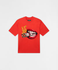 Burning Smoke Chenille Embroidered Short Sleeve Tee - Red
