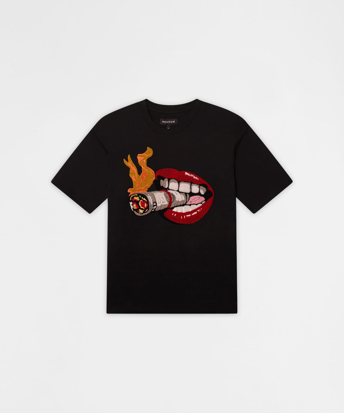Burning Smoke Chenille Embroidered Short Sleeve Tee - Black