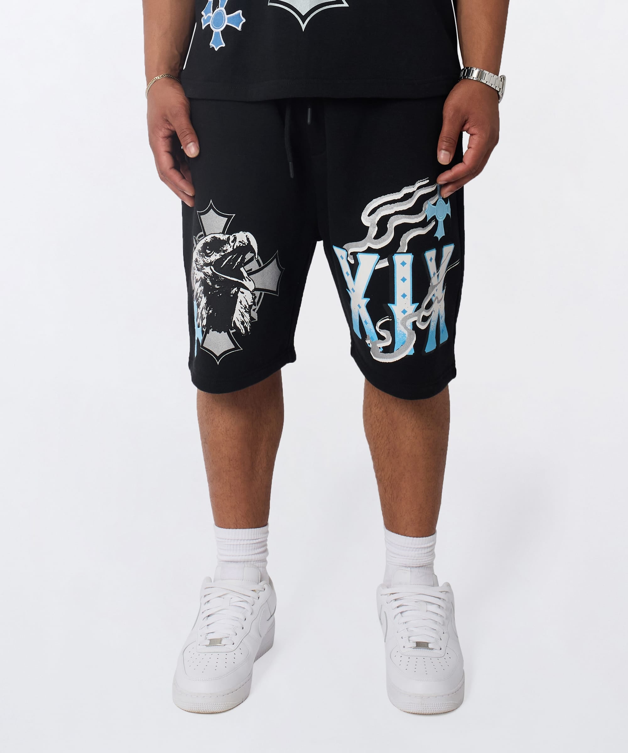 Crosses Embroidered Fleece Short - Black