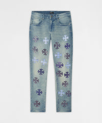 Gothic Cross Denim Pants - Light Blue