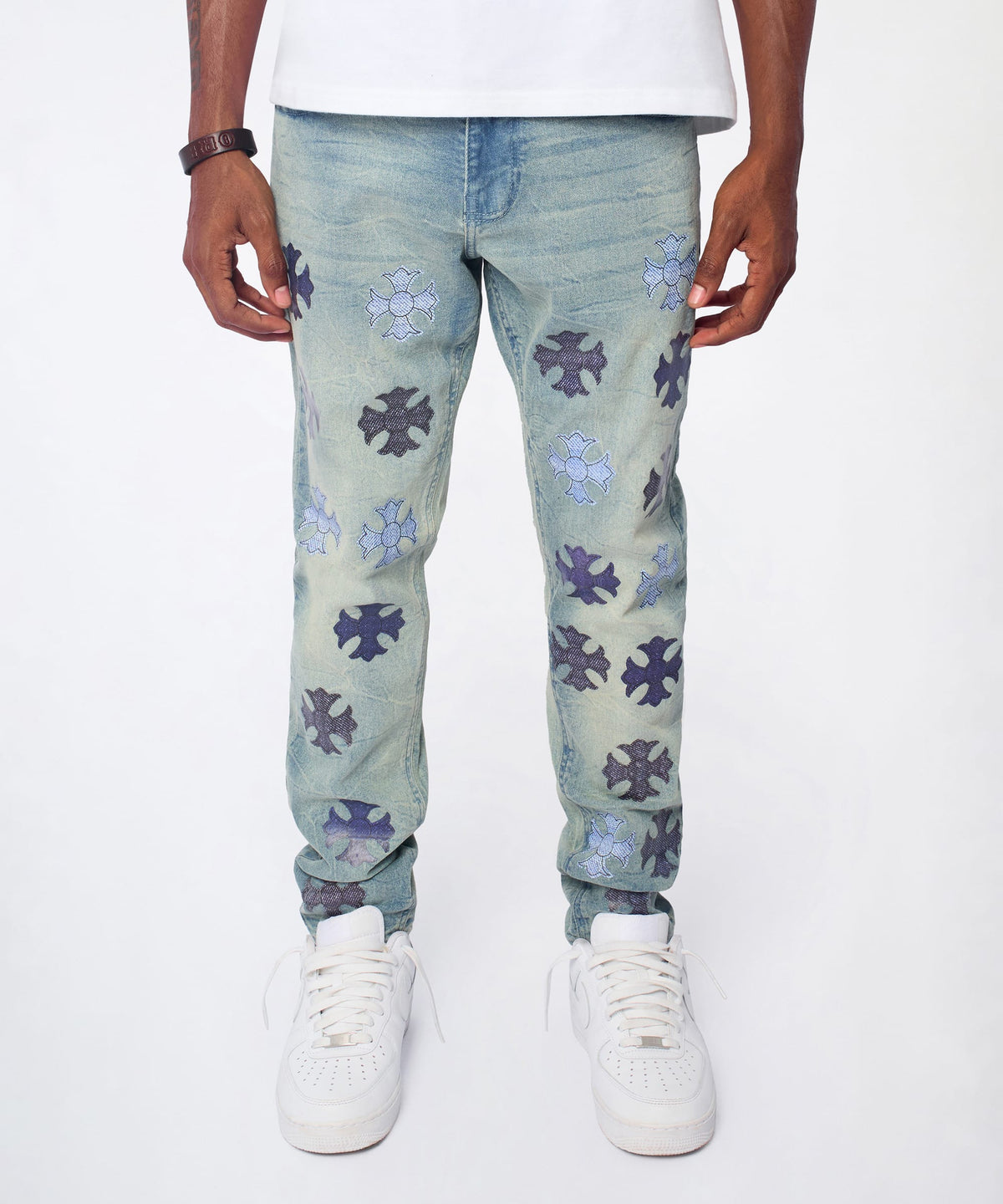 Gothic Cross Denim Pants - Light Blue