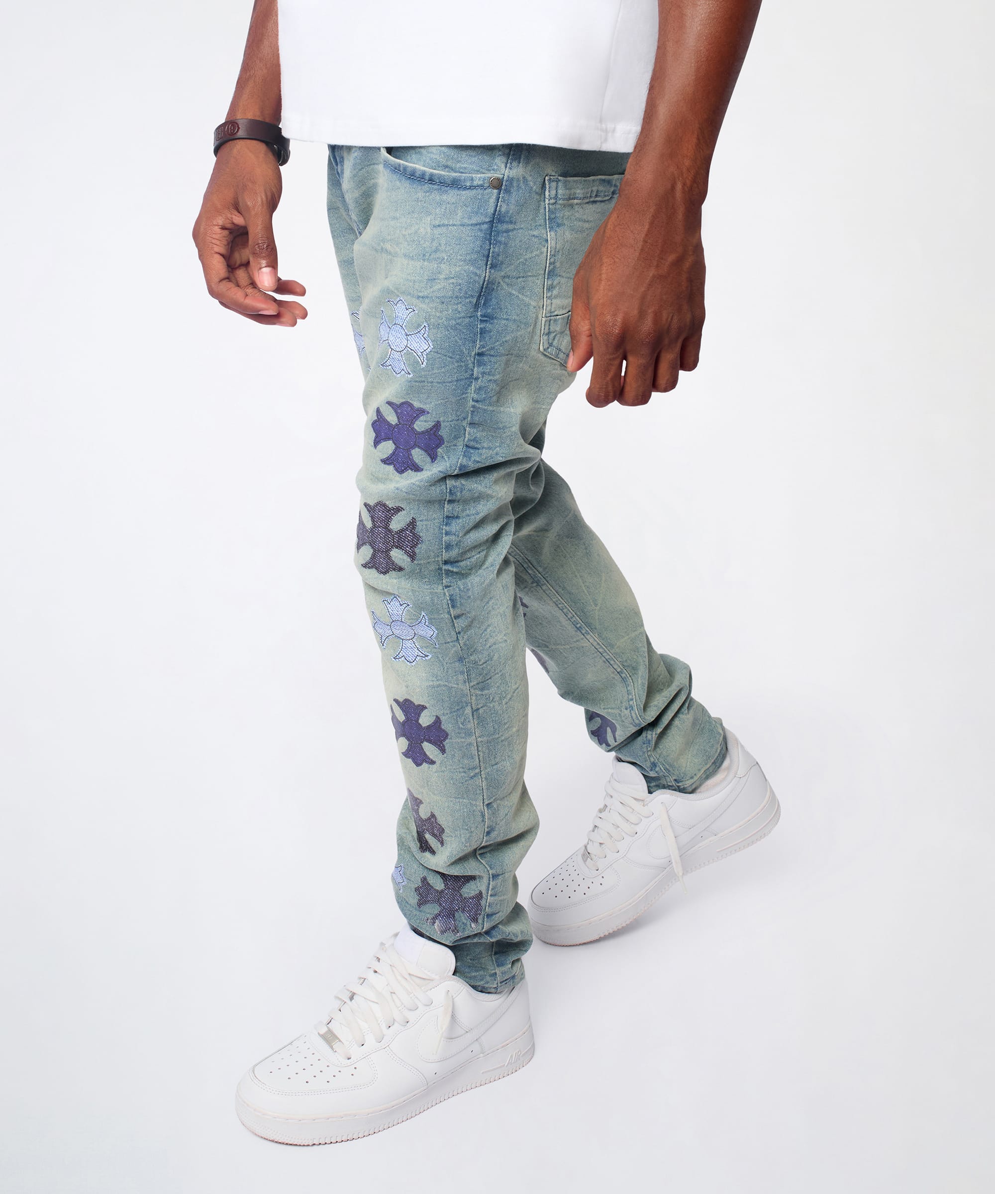 Gothic Cross Denim Pants - Light Blue