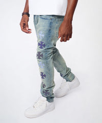 Gothic Cross Denim Pants - Light Blue