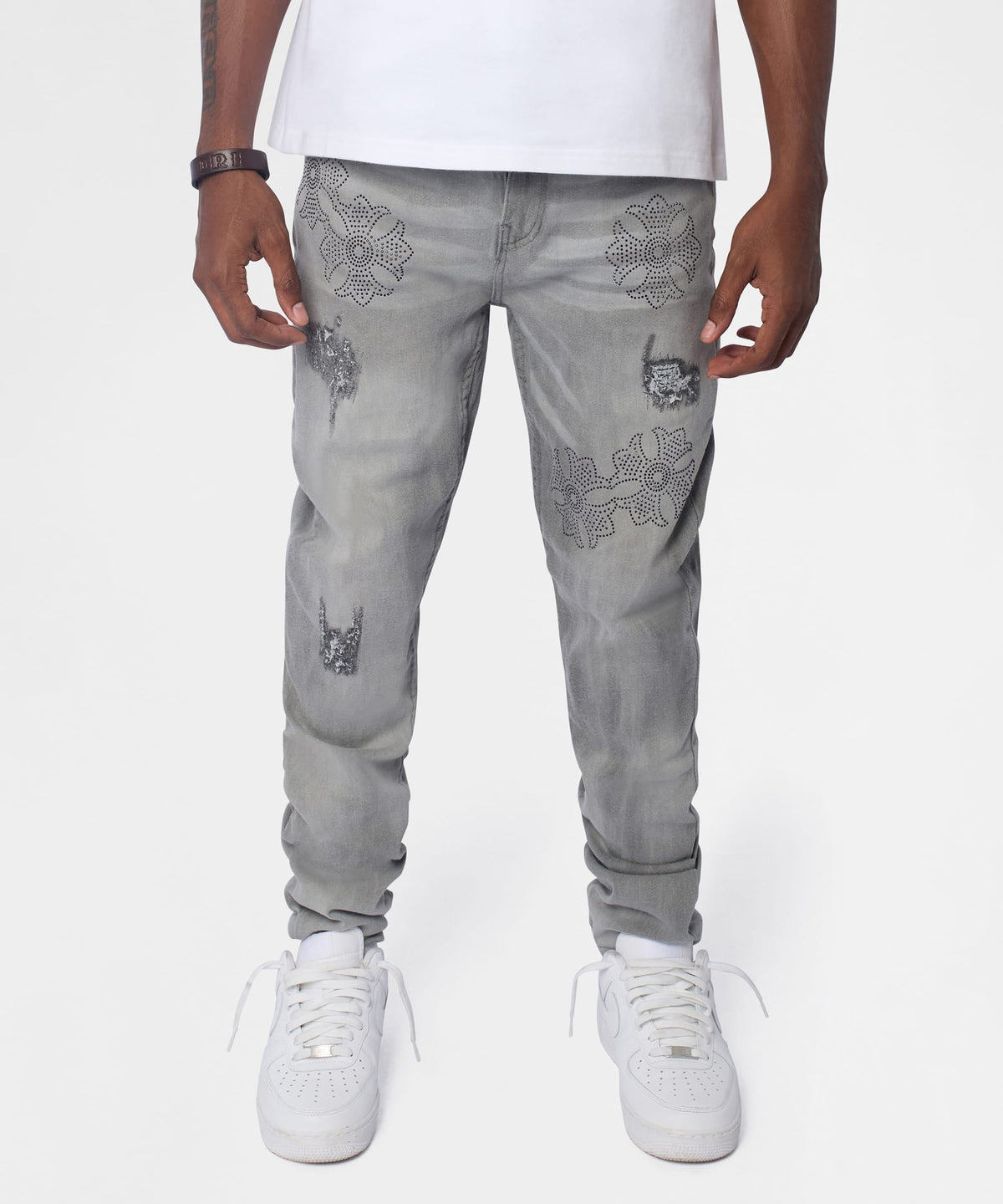 Floral Rhinestone Distressed Skinny Jeans - Grey