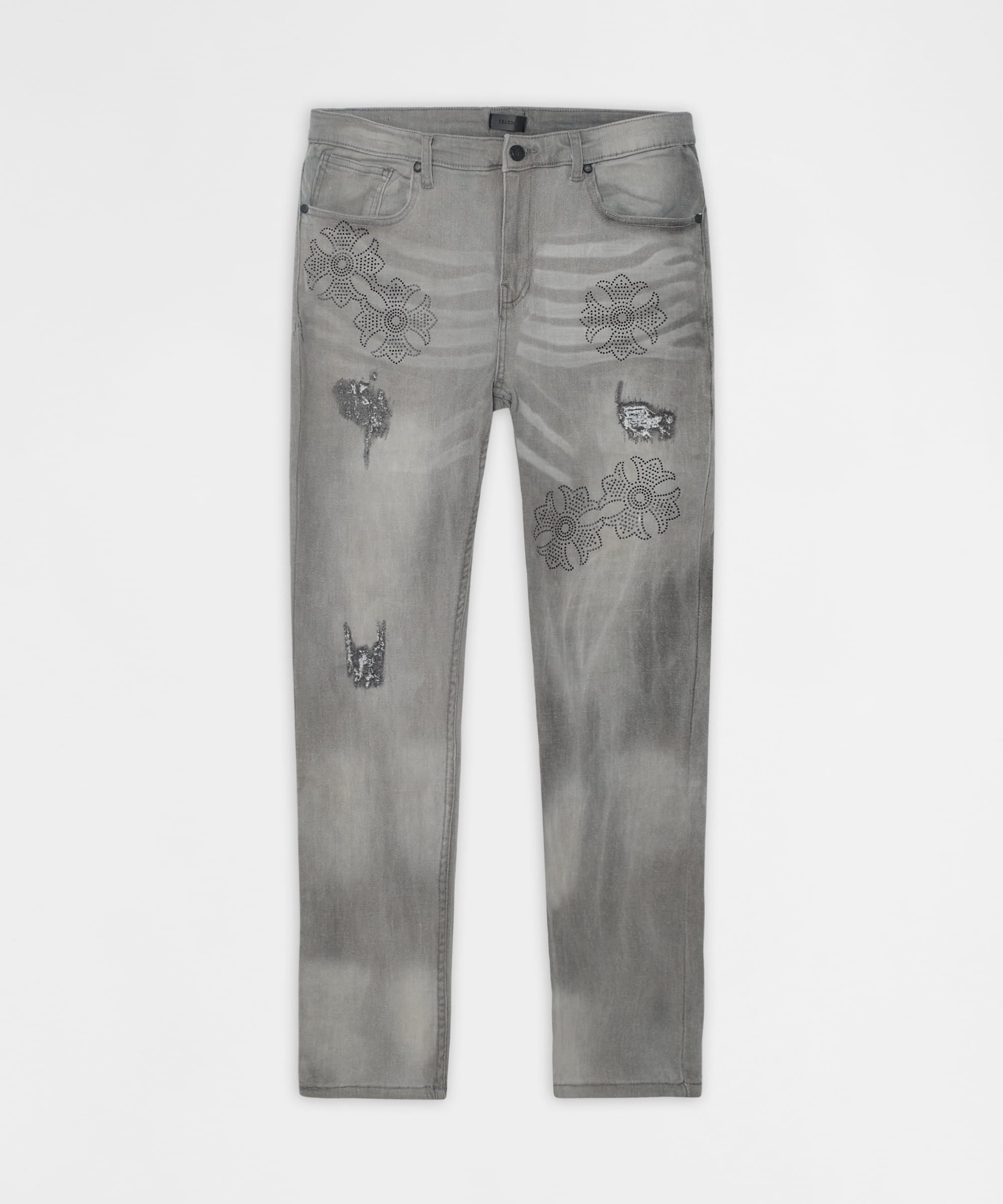 Floral Rhinestone Distressed Skinny Jeans - Grey