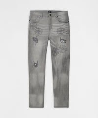 Floral Rhinestone Distressed Skinny Jeans - Grey