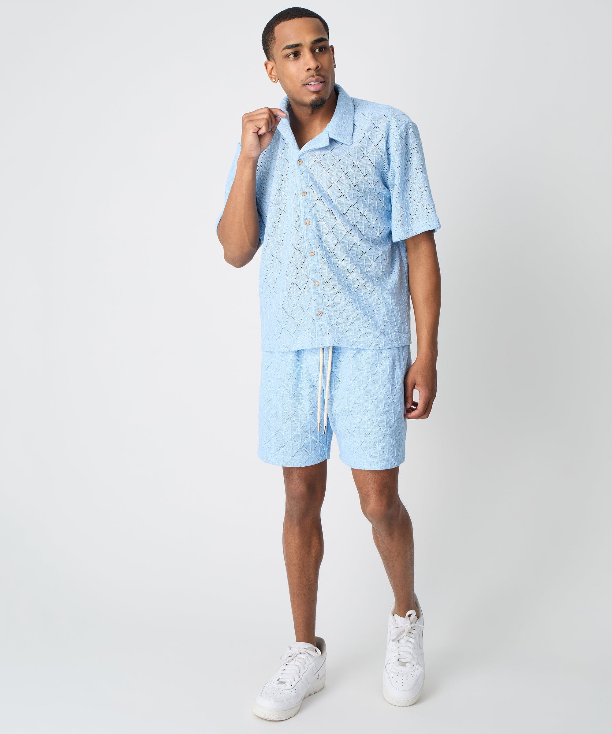 Diamond Plate Viscose Short Sleeve Shirt - Light Blue