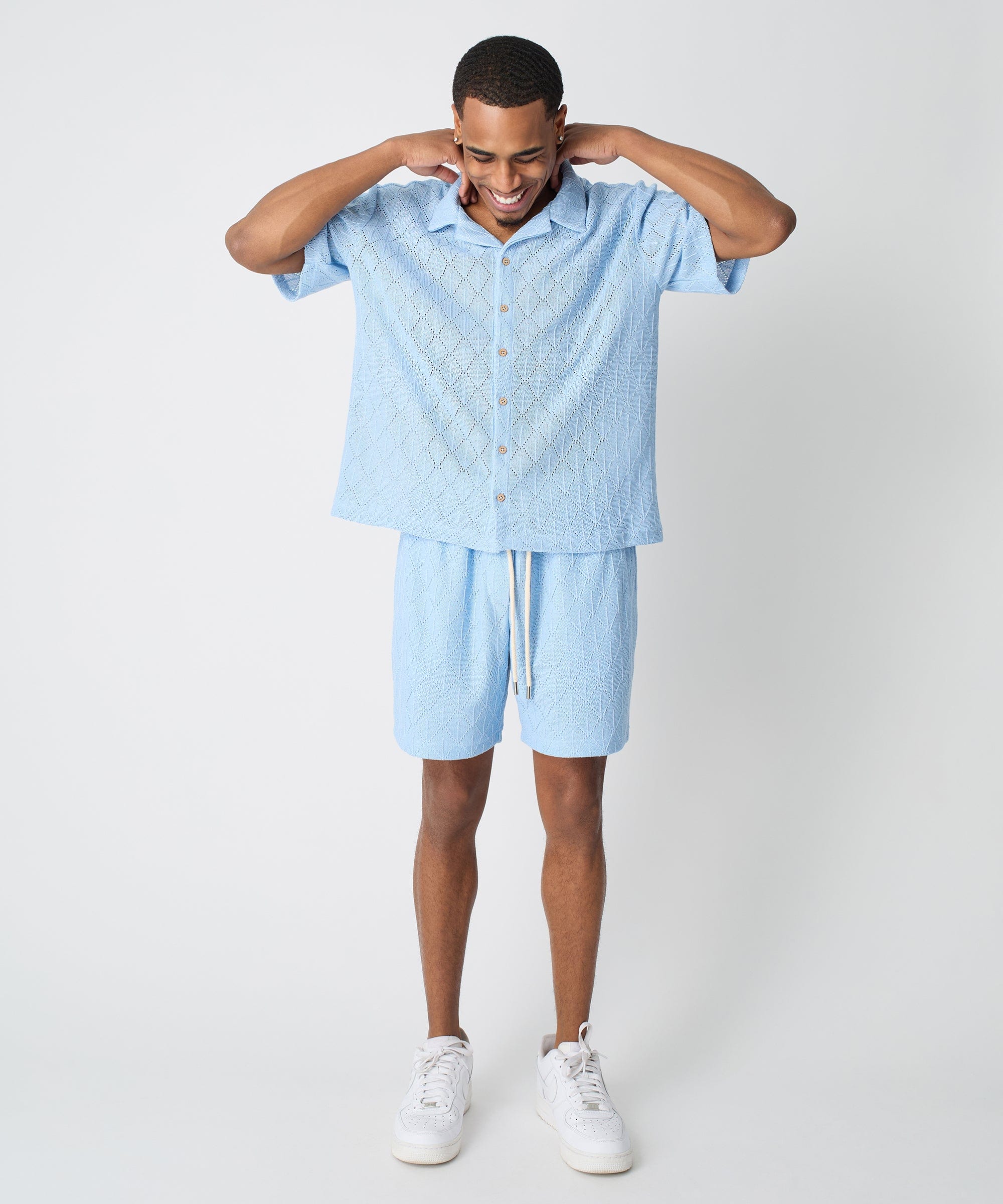 Diamond Plate Viscose Short Sleeve Shirt - Light Blue
