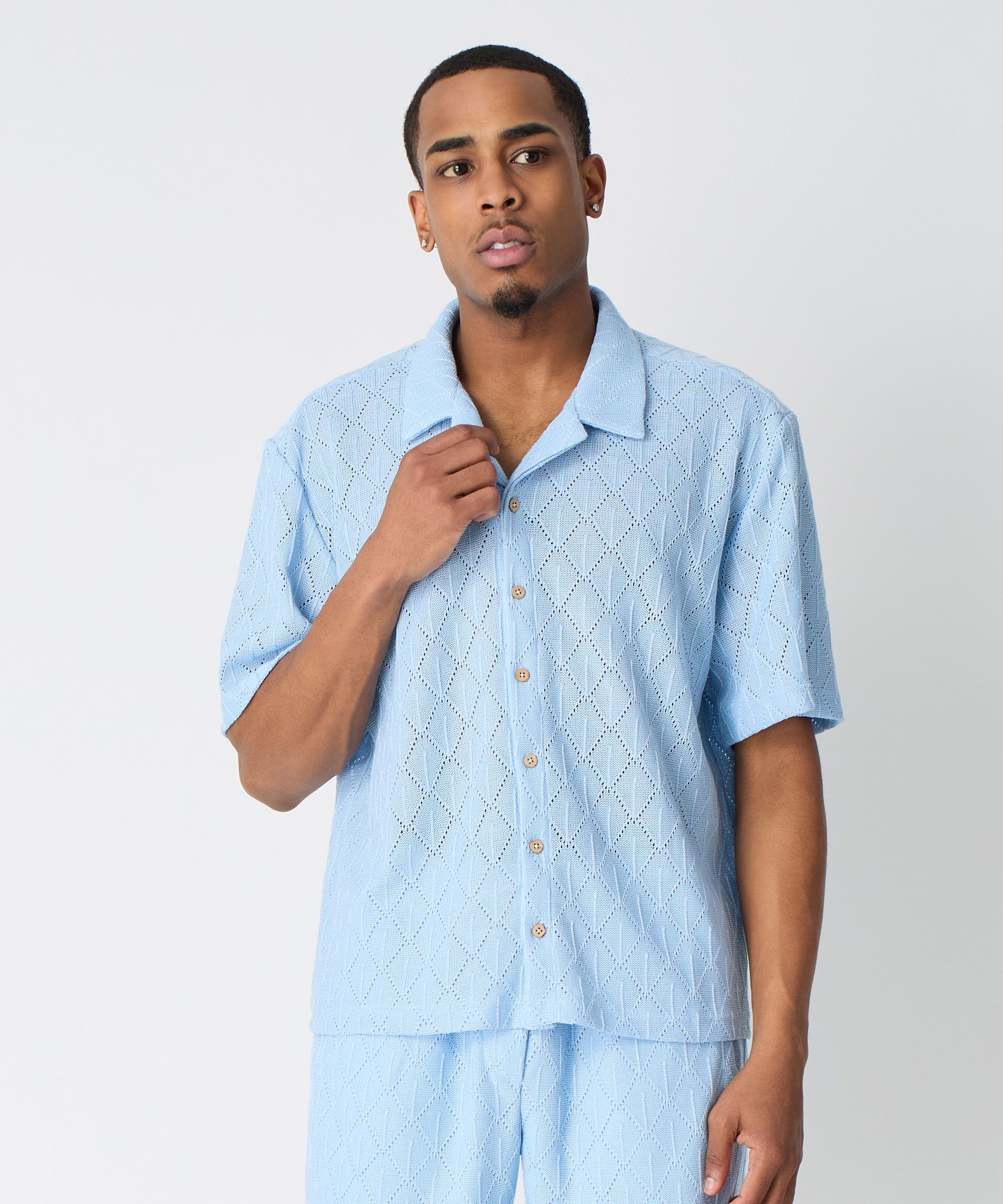Diamond Plate Viscose Short Sleeve Shirt - Light Blue