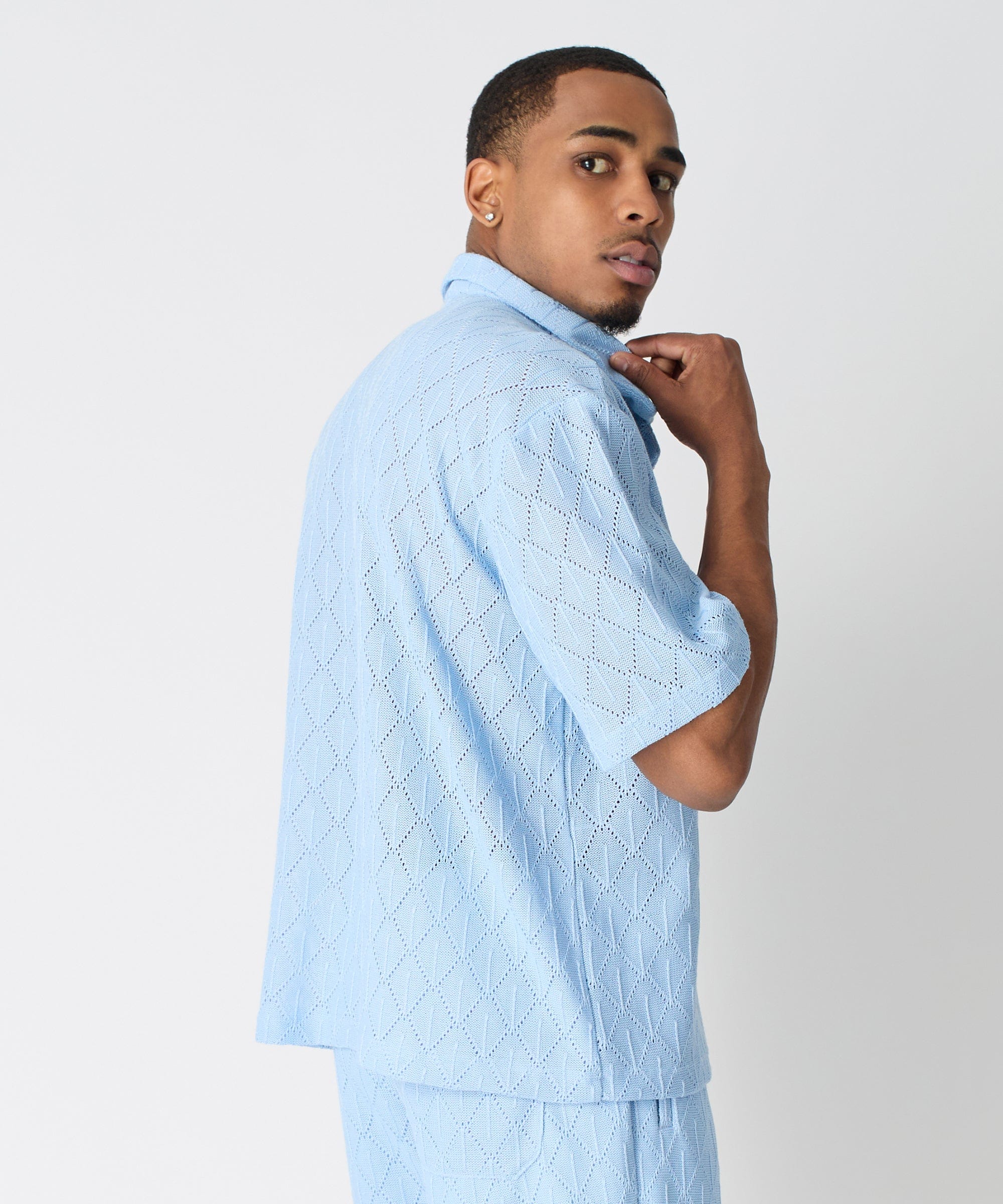 Diamond Plate Viscose Short Sleeve Shirt - Light Blue
