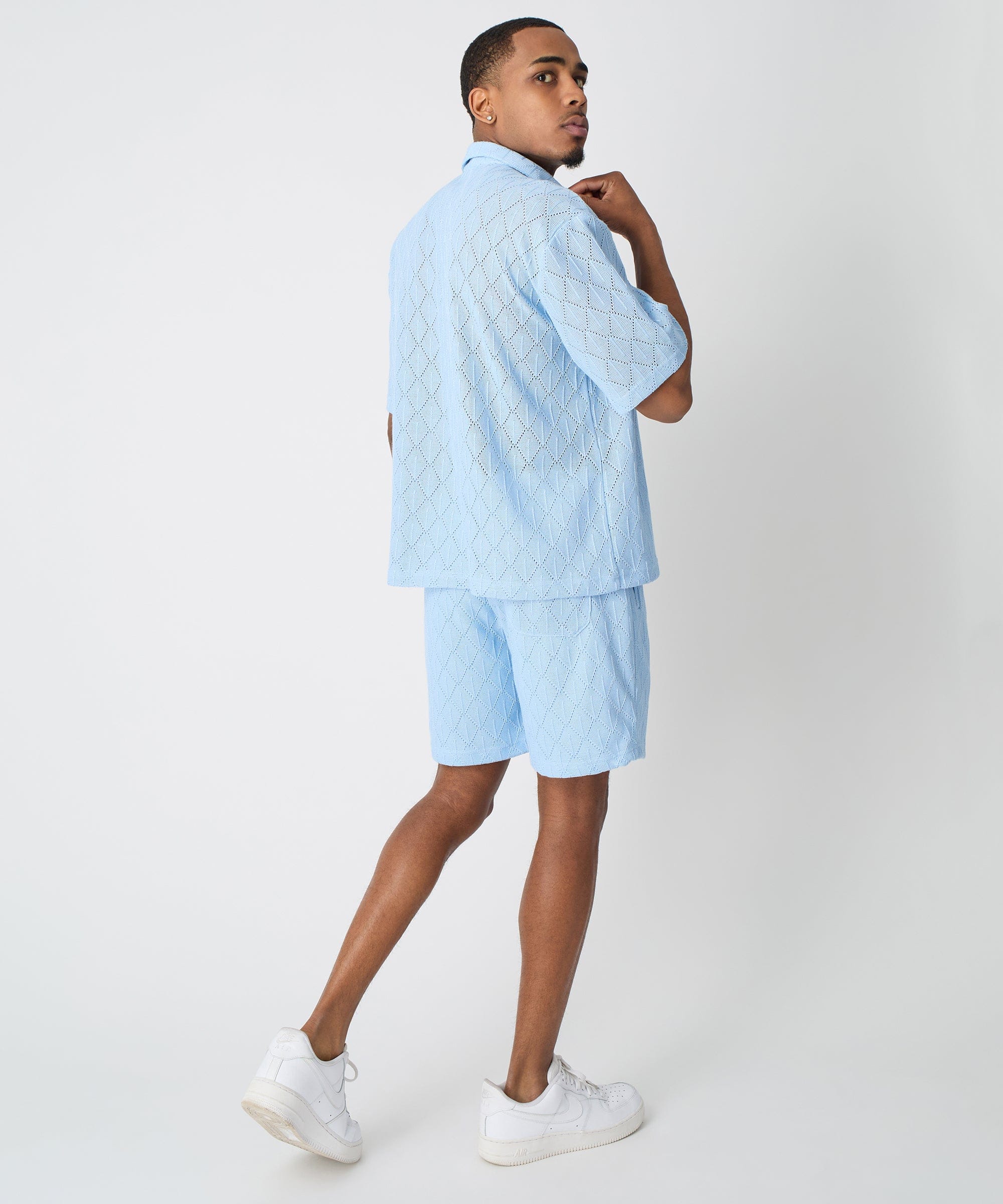 Diamond Plate Viscose Short Sleeve Shirt - Light Blue