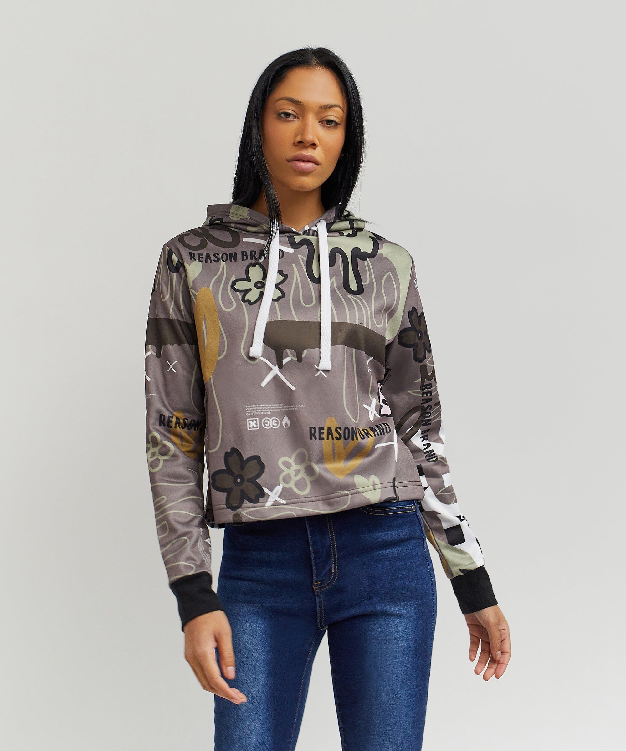 Doodle Women's Graphic Pull-over Long Sleeve Hoodie -Brown