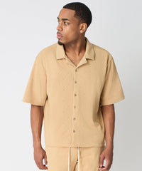 Diamond Pattern Textured Knit Button-Down Shirt - Taupe