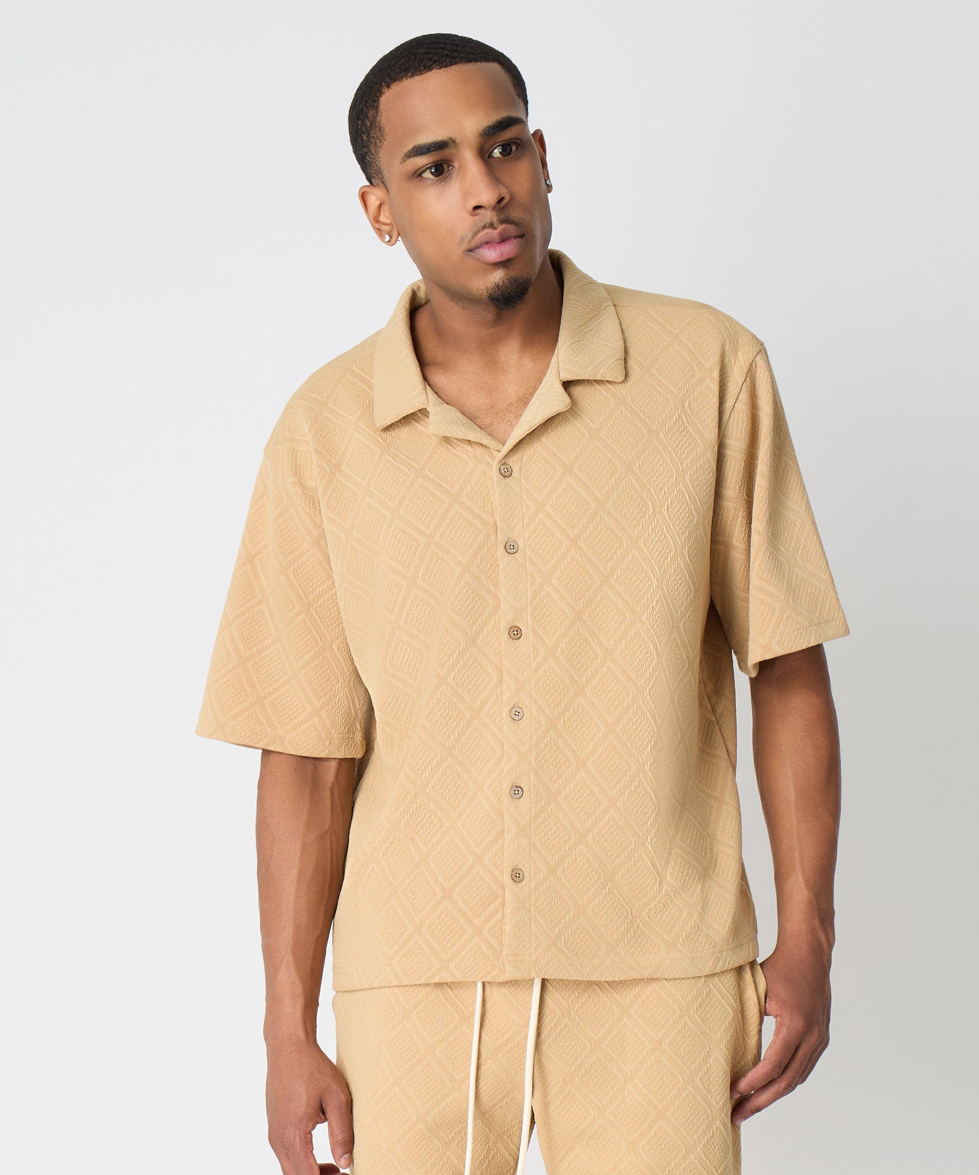 Diamond Pattern Textured Knit Button-Down Shirt - Taupe