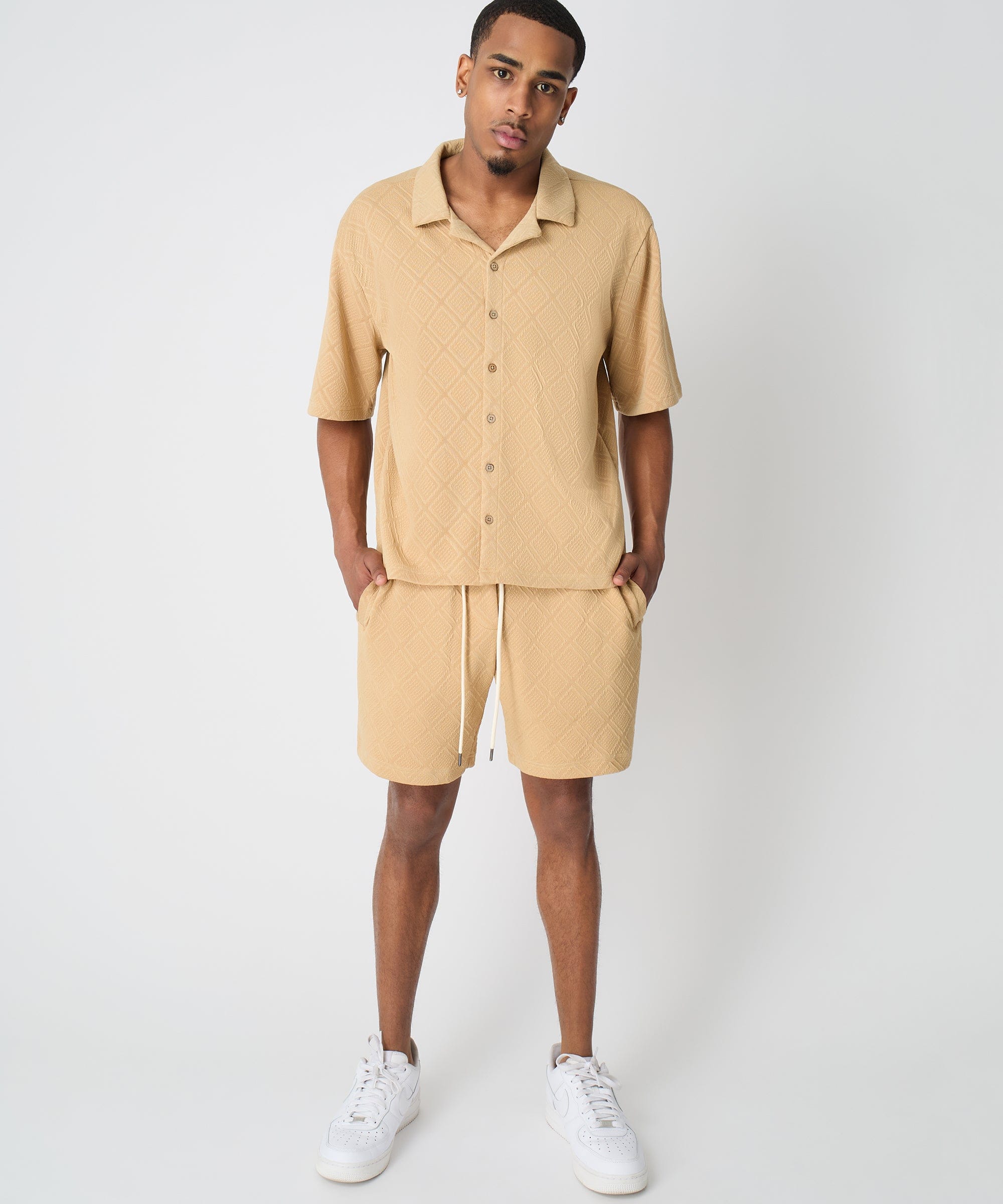 Diamond Pattern Textured Knit Button-Down Shirt - Taupe