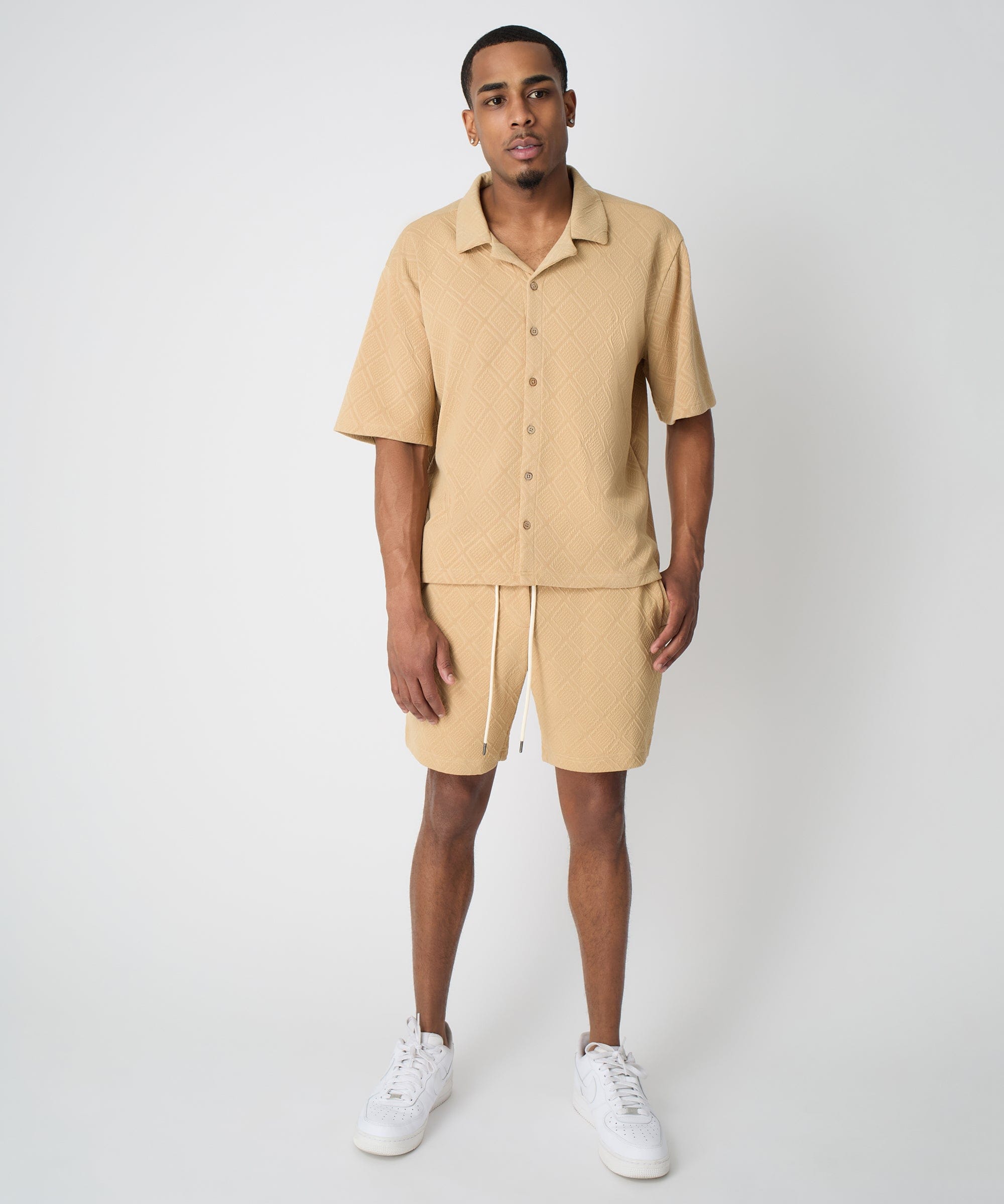 Diamond Pattern Textured Knit Button-Down Shirt - Taupe