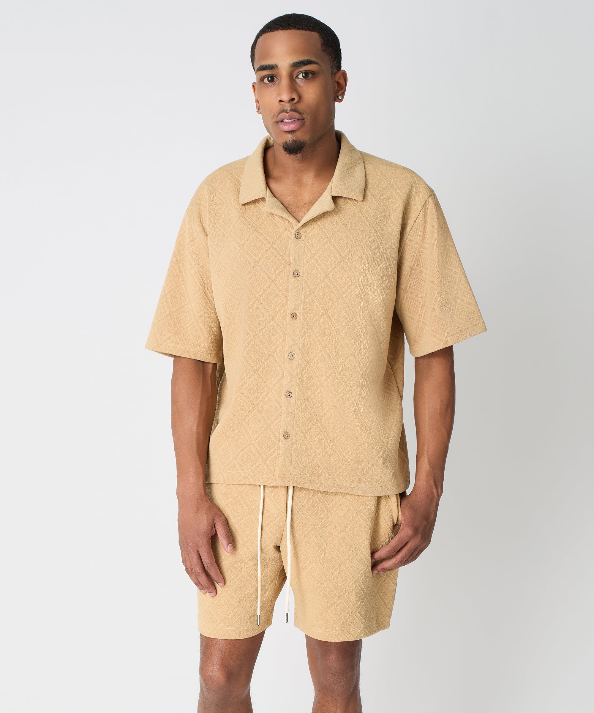 Diamond Pattern Textured Knit Button-Down Shirt - Taupe