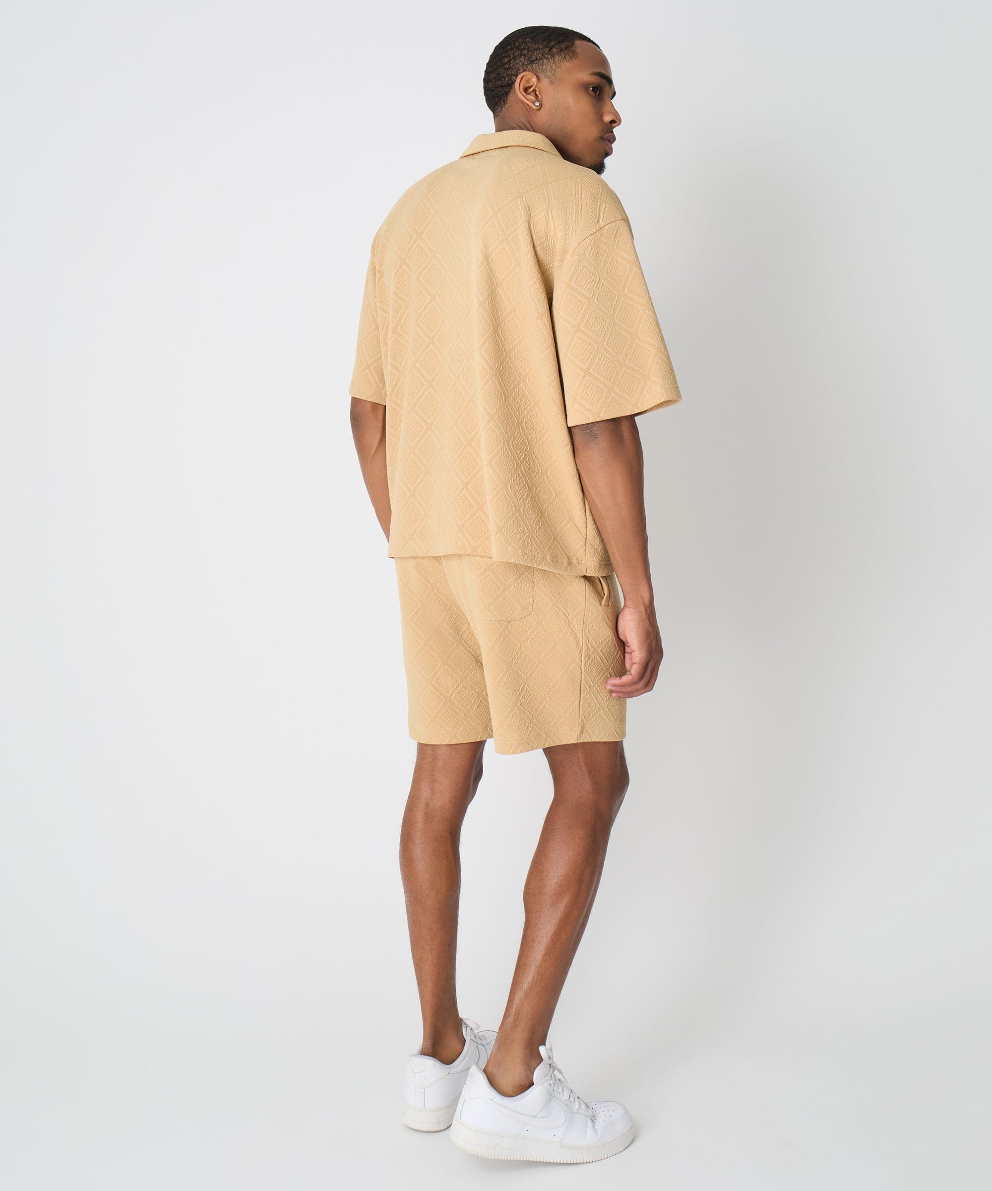 Diamond Pattern Textured Knit Button-Down Shirt - Taupe