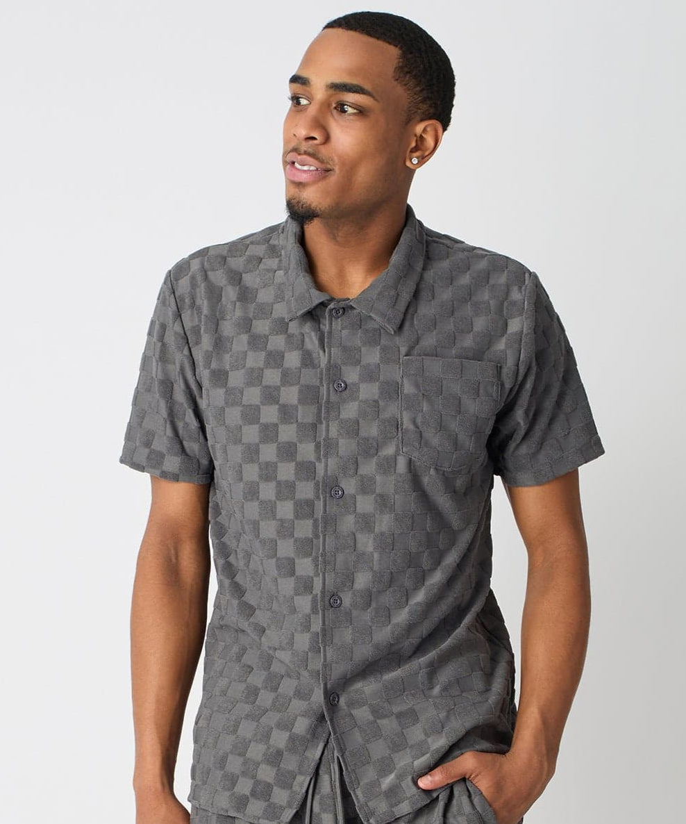 Checkerboard Viscose Button-Down Shirt - Grey