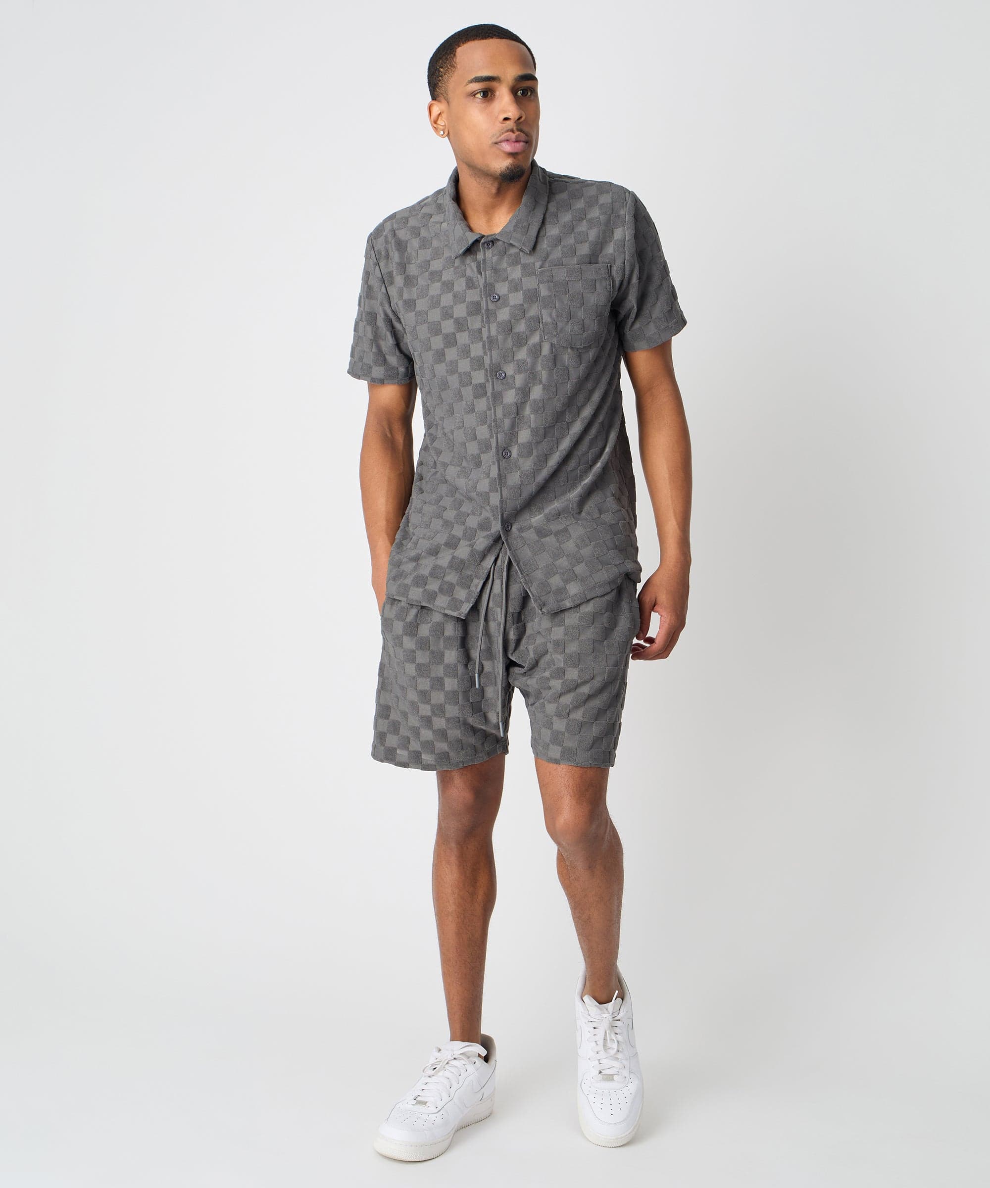 Checkerboard Viscose Button-Down Shirt - Grey