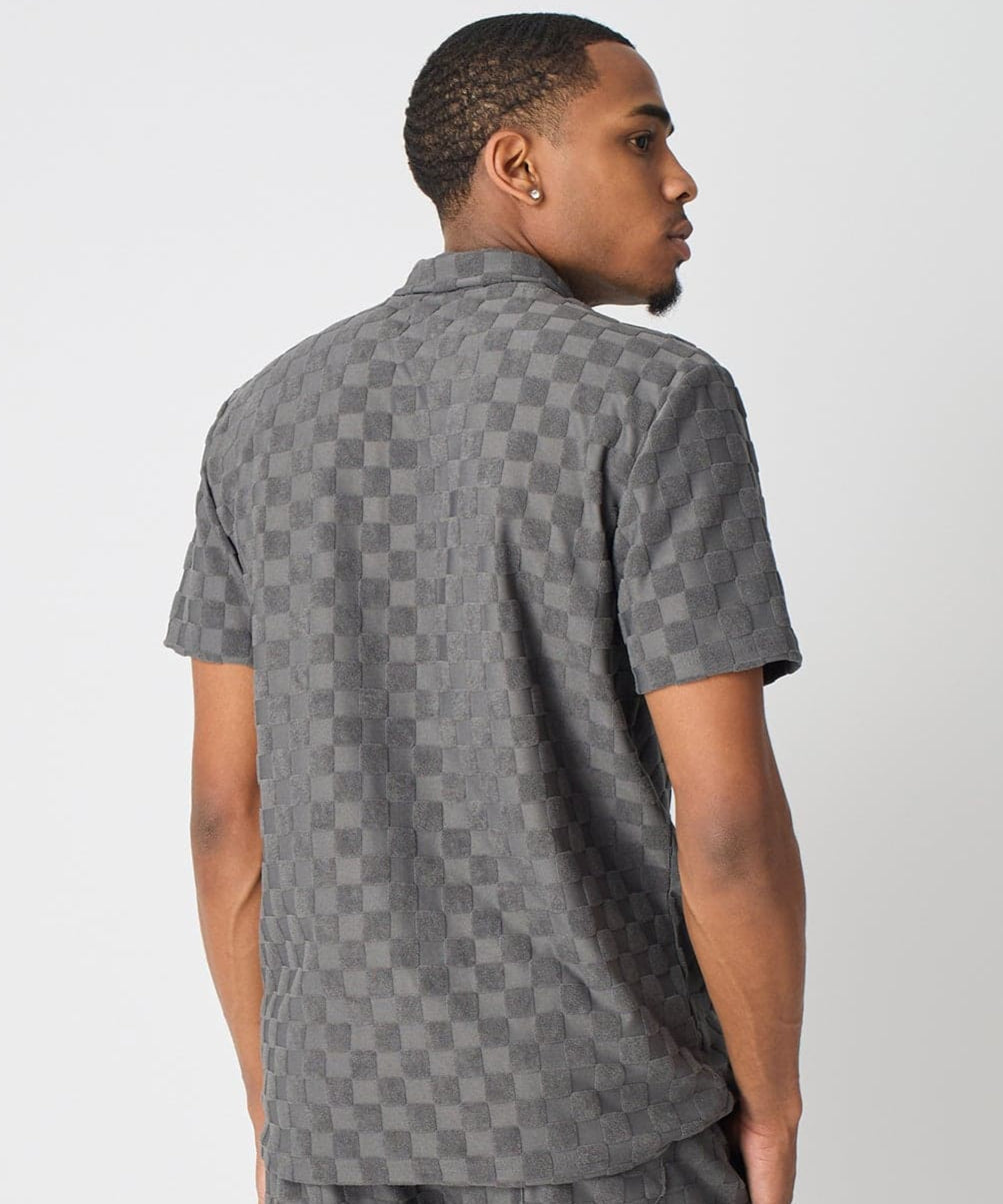 Checkerboard Viscose Button-Down Shirt - Grey