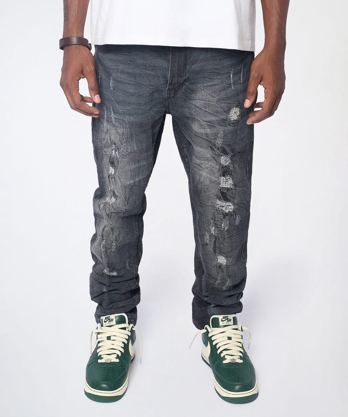 Crinkle Wash Distressed Skinny Jeans - Black