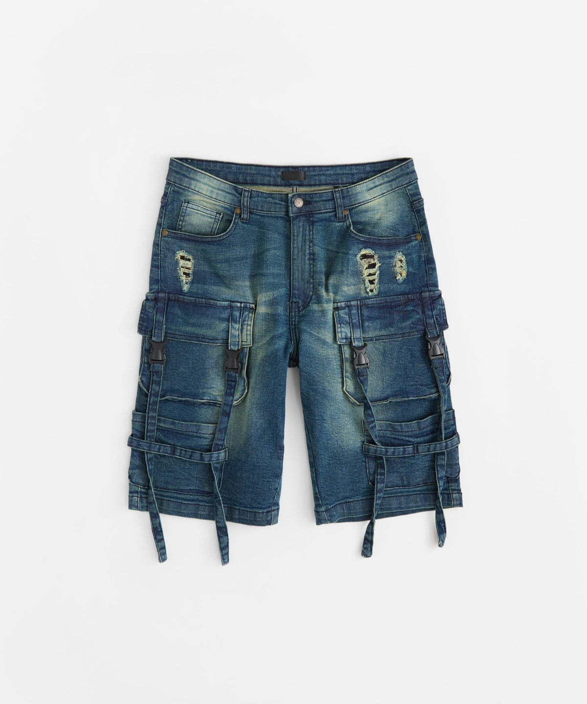 Buckle Strap Denim Shorts - Dark Blue