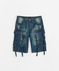 Buckle Strap Denim Shorts - Dark Blue