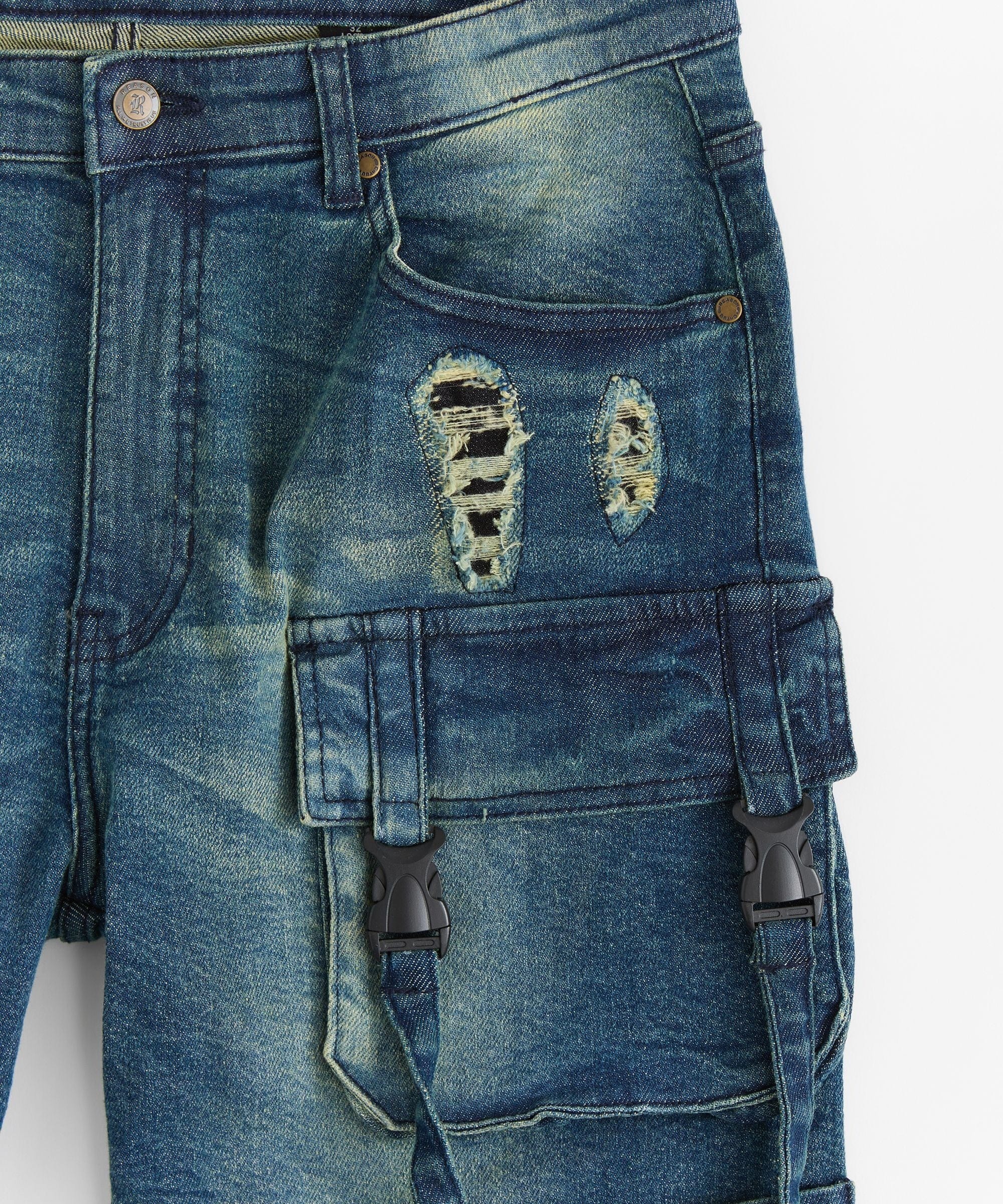 Buckle Strap Denim Shorts - Dark Blue