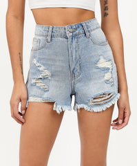 Ella Women's Distressed High-Waist Denim Shorts - Blue